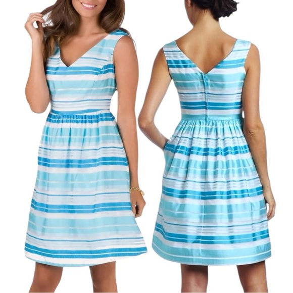 Lilly Pulitzer Kiera Fit & Flare Dress 12 Blue Aqua Stripe Print - Picture 2 of 16